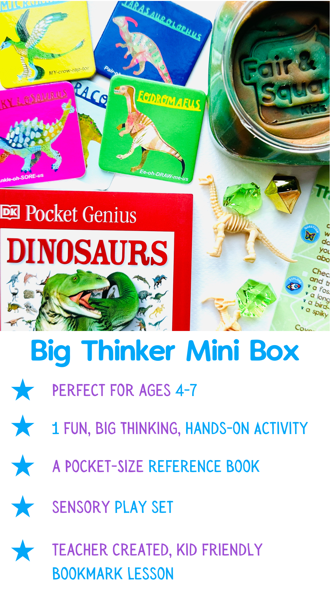 Big Thinker Mini Box: Perfect for ages 4-7. 1 fun, big thinking, hands-on activity. A pocket-size reference book. Sensory play set. Teacher created, kid friendly bookmark lesson.