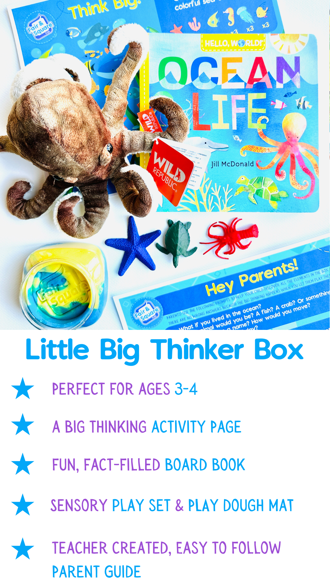 Little Big Thinker Box: Perfect for ages 3-4. A big thinking activity page. Fun fact-filled board book. Sensory play set and play dough mat. Teacher created, easy to follow parent guide. 